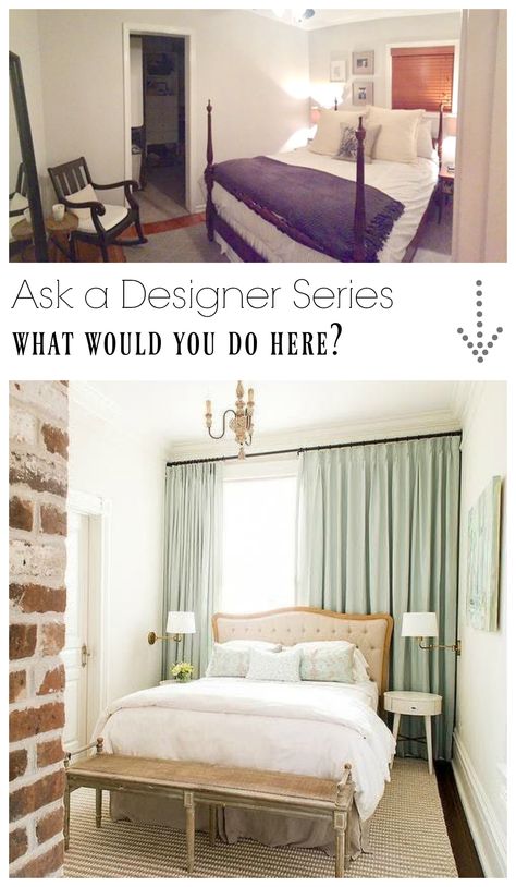 Ask a Designer Series- What would you do with this small bedroom? Bedroom Designs With Window Behind Bed, Hiding A Window Behind A Bed, Wall Of Curtains Behind Bed, Bedroom With One Window, Off Centered Window Behind Bed, Off Centered Window, Curtain Wall Bedroom Behind Bed, Curtain Behind Bed, Bedroom Small Window