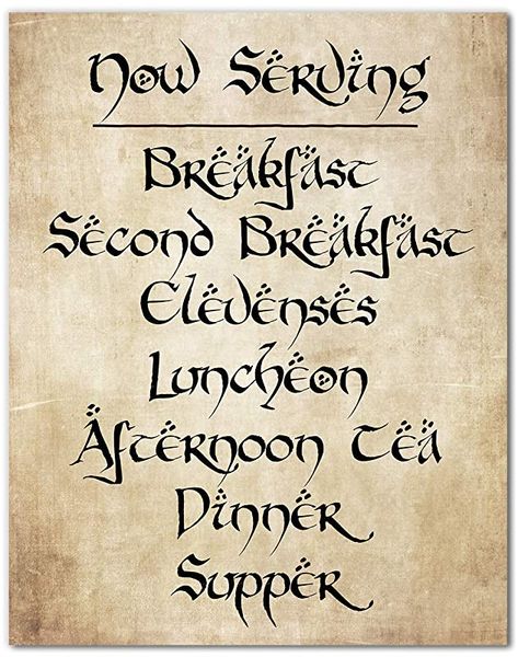 AmazonSmile: Daily Meals Menu Wall Print - Fan Inspired Home Wall Decor - Second Breakfast Kitchen Sign - Perfect Gift for LOTR Fans - 11x14 - Unframed: Handmade Menu Wall, Hobbit Party, Breakfast Kitchen, Menu Printing, Second Breakfast, Flip Chart, Hobbit House, Kitchen Sign, Party Rings