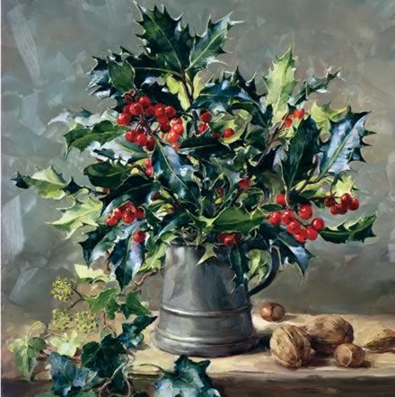 Holly and Ivy | Mill House Fine Art – Publishers of Anne Cotterill Flower Art Holly And Ivy Christmas Decorations, Holly Arrangement, Holly And The Ivy, Holly And Ivy, Purple Christmas, Art Calendar, Gatsby Wedding, Illuminated Letters, Advent Calendars