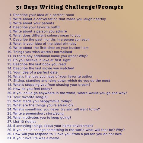 Writing prompt for 31 days 31 days writing prompt 30 Day Writing Challenge, Writing Challenge, Daily Writing, Writing Prompt, 31 Days, Year 11, 30 Day Challenge, Journal Prompts, Writing Prompts