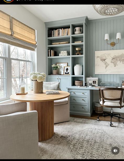 Home Office With Peninsula Desk, Light Blue Home Office, House Sunroom, Coastal Home Office, Office Built Ins, Cozy Home Office, Small Home Offices, Office Nook, Office Guest Room