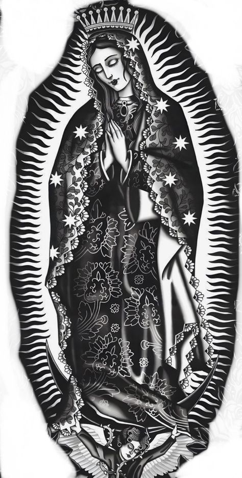 Mexican Polynesian Tattoo, Virgin Mary Back Tattoo For Men, Mexican Mary Tattoo, Virgin Guadalupe Art, Gothic Virgin Mary Tattoo, Mary The Virgin Tattoo, Guerrero Mexico Tattoo, Tattoo Mary Virgin, Mexican Arm Tattoo For Men