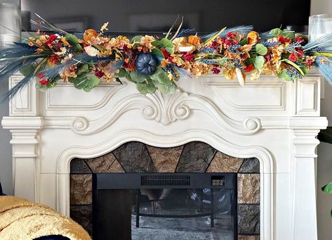 Pool Noodle Fireplace Garland, Pool Noodle Mantle Garland, Pool Noodle Mantel Garland, Xmas Mantel Ideas, Fall Fireplace Mantel Decor, Fall Fireplace Mantel, Thanksgiving Mantle, Mantle Garland, Fall Fireplace