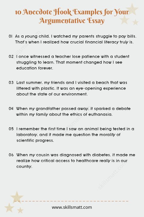 Use these 10 anecdote hook examples to engage your readers with personal, relatable stories in your argumentative essay.,
Need help with your essays/ paper? I offer professional writing services to boost your success. Visit our website for personalized assistance! Professional Writing, Writing Challenge, Argumentative Essay, Writing Help, Financial Literacy, Writing Services, Parenting, In This Moment, Education