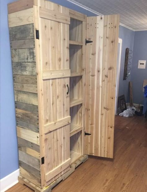 Make A Pantry, Pallet Pantry, Pallet Wardrobe, Ideas Armario, Ikea Kallax Shelving, Rustic Pantry, Armoire Design, Woodworking Furniture Plans, Pallet Crafts