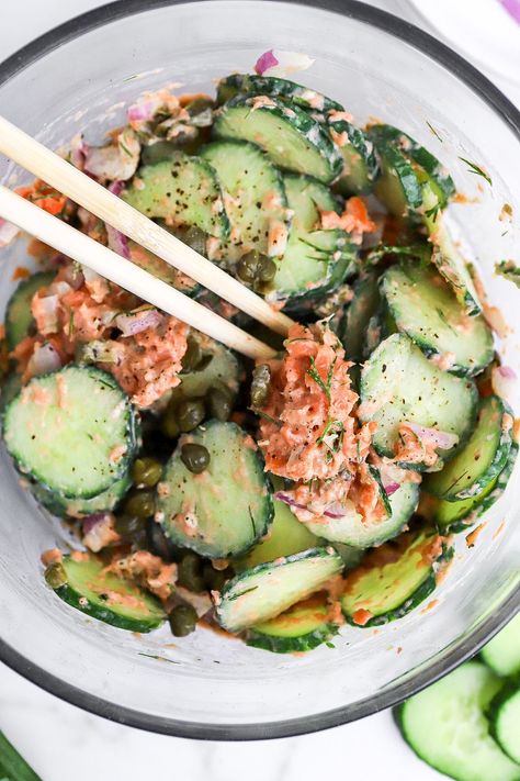 Cucumber In A Jar Recipes, Smoked Salmon Meal Prep, Cucumber Salad With Salmon, Cucumber Salad Salmon, Cucumber Jar Recipes, Cucumber Smoked Salmon Salad, Smoked Salmon Cucumber Salad, Salmon Cucumber Salad, Tiktok Cucumber Salad