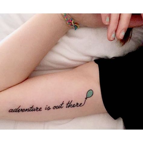 Adventure Is Out There Tattoo, Phrase Disney, Epic Tattoos, Adventure Tattoo, Travel Tattoos, Quote Tattoos, Adventure Is Out There, Elephant Tattoos, Dream Tattoos