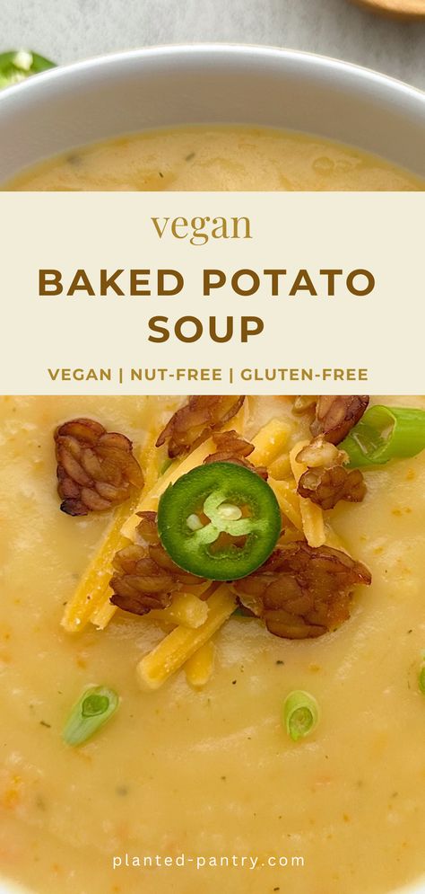 Enjoy this vegan twist on a classic. All of the flavors of loaded baked potato soup without the dairy. This soup is sure to satisfy. Dairy Free Potato Soup, Vegan Baked Potato, Chicken Potato Soup, Vegan Potato Soup, Vegan Pot Pies, Cheesy Potato Soup, Cream Of Potato Soup, Potato Soup Easy, Loaded Potato Soup