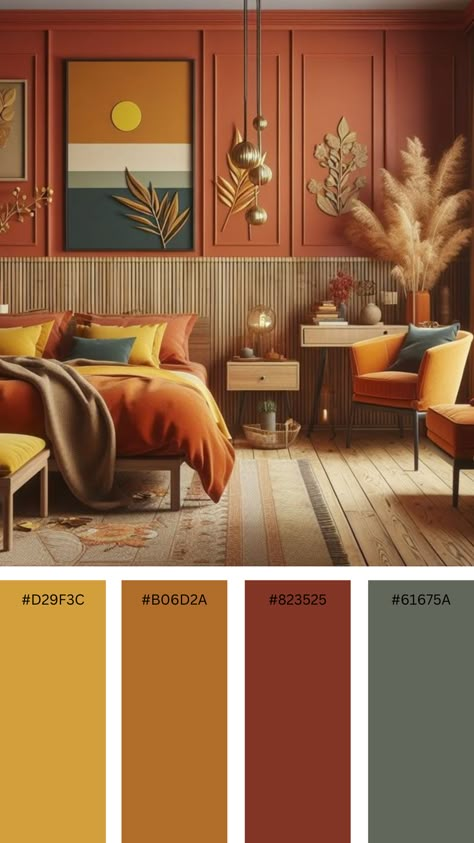 Colour palette inspiration for warm and welcoming colour scheme. colour palette, colour inspiration, colour scheme, colour inspo, colour combination, warm colour, inviting colours, yellow colour palette, orange, green, orange and green palette, yellow and orange colour palette, home decor, accent colours.#color #inspohome #homedesign #presentation #architecture #art Ochre Bedroom Ideas, Ochre Color Palette, Ochre Bedroom, Colour Palette Inspiration, Orange Rooms, Bedroom Colour Palette, Living Room Orange, Bedroom Orange, Room Color Schemes