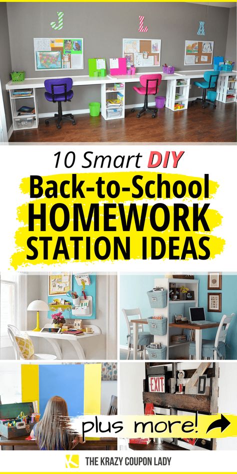 Wondering how to make an easy DIY homework station for your child? Does the thought of your kids back to school homework make you cringe? Kids get distracted by, well, everything when it’s time to do homework. Keep distractions at bay with these budget-friendly homework stations that’ll give each child everything they need within reach. The Krazy Coupon Lady brings you the best in cheap DIY ideas & DIY organization! #backtoschoolideas #diyprojects #homeworkstation Homework Station Ideas, Homework Station Diy, Diy Homework Station, Kids Study Room Ideas, Kids Homework Area, Kids Homework Room, Cheap Diy Ideas, Kids Study Area, Kids Homework Station