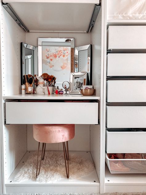 Diy dressing table ikea pax hack. It can easilly be hidden and put away behind wardrobe doors. Ikea Pax Makeup, Bedroom Ikea Hacks, Ikea Dressing Table, Simple Dressing Table, Bed Options, Bedroom Ikea, Kids Dressing Table, Ikea Wardrobe, Ikea Closet