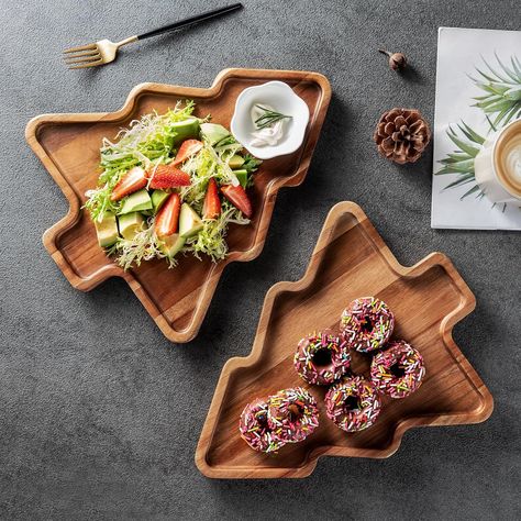 Wooden Serving Tray - Decorative Serving Platters and Trays Set of 2. Size: 12.5"L x 10.6"W x 0.8"H Platters For Entertaining, Christmas Tree Shape, Table Home Decor, Wood Platter, Serving Tray Set, Wooden Serving Tray, Breakfast Coffee, Wooden Serving Trays, Winter Is Here