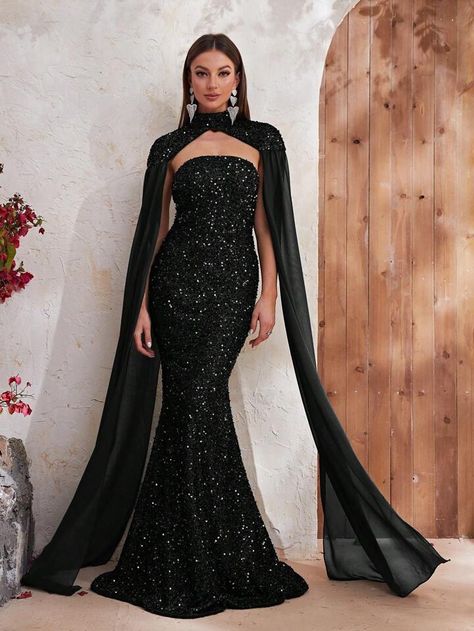 Free Returns ✓ Free Shipping✓. Giffniseti Mock Neck Sequin Formal Dress- undefined at SHEIN. Formal Wedding Reception, Sequin Mermaid Dress, Cape Sleeve Dress, Prom 2024, Sequin Formal Dress, Mother Wedding Dress, Fishtail Dress, Evening Dresses Cocktail, Chiffon Long Sleeve