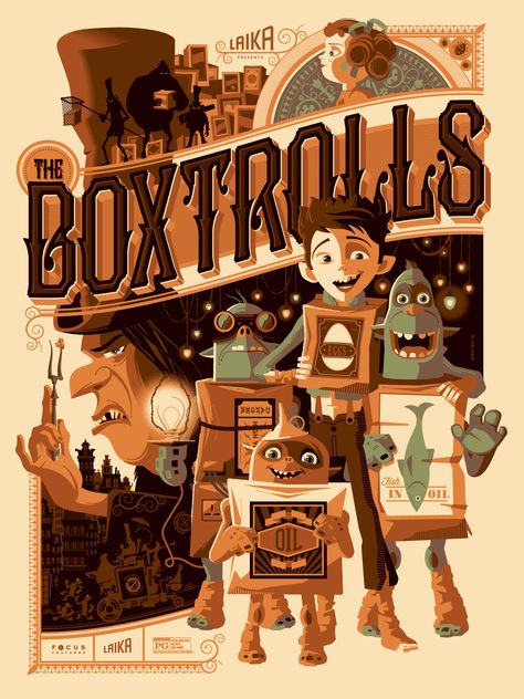 The Boxtrolls by Tom Whalen Omg Posters, Tom Whalen, Mondo Posters, Laika Studios, Canvas Print Display, Tim Burton, Stop Motion, Movie Poster, Poster Design