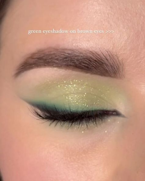 makeuptutorials on Instagram: "Green or Yellow eyeshadow on brown eyes ? 💛💚  by @paulina_kurkowska" Green Makeup Eye Looks, Green Eyes Green Makeup, Green Formal Makeup Looks, Green Eyeshadow On Brown Eyes, Dark Green Aesthetic Makeup, Green And Gold Makeup Looks For Brown Eyes, Eye Makeup For Green Dress Simple, Green Makeup Eyeshadow, Green Yellow Eye Makeup