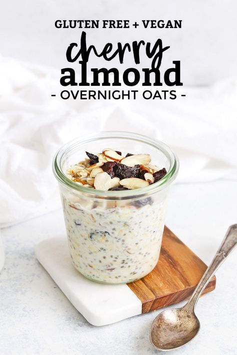 Cherry Almond Overnight Oats - Creamy overnight oats loaded with tangy cherries and crunchy almonds. This yummy overnight oats recipe is one of our favorites! (Gluten-free, vegan) // Meal Prep Breakfast // Cherry Overnight Oats // Healthy Breakfast #glutenfree #overnightoats #oatmeal #vegan #healthybreakfast Healthy Togo Breakfast, Banana Overnight Oats Healthy, Chunky Monkey Overnight Oats, Oats Healthy Breakfast, Yummy Overnight Oats, Breakfast Peanut Butter, Peanut Butter Banana Overnight Oats, Oatmeal Vegan, Overnight Oats With Yogurt