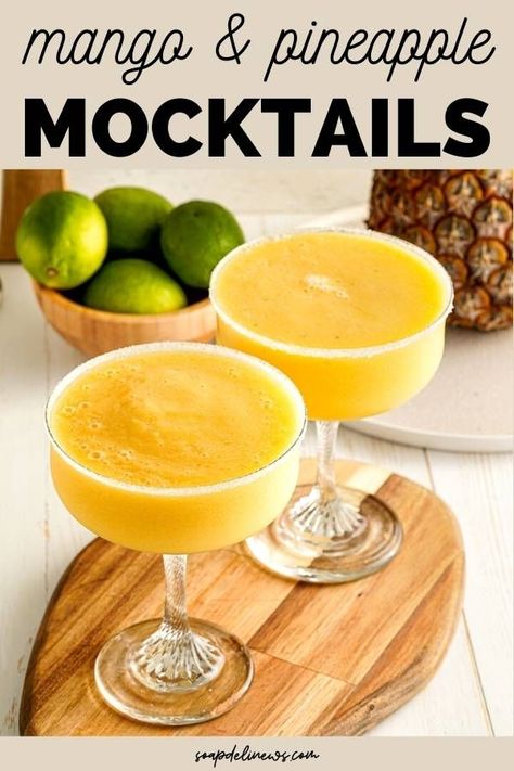 How to make frozen fruit mocktails. These delicious mango and pineapple mocktails are made from a simple mocktail recipe that is perfect for summer entertaining or relaxing on a hot day. Mocktails are non-alcoholic frozen drinks suitable for both adults and children. You can use fresh or frozen fruit for these frozen mocktails without alcohol for tasty summer slushies everyone will love. This coconut water mocktail recipe is hydrating and can help replace electrolytes to prevent dehydration. Frozen Mocktails Non Alcoholic, Fruit Mocktail Recipe, Pineapple Mocktails, Summer Slushies, Simple Mocktail, Mango And Pineapple, Easy Mocktail Recipes, Fruit Juice Recipes, Healthy Nutrition Plan