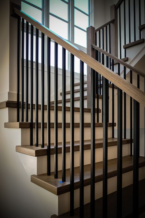 Related image Metal Balusters, Modern Railing, Modern Stair Railing, Stair Banister, Wood Railing, Stair Railing Design, Staircase Remodel, Iron Balusters, Stair Remodel