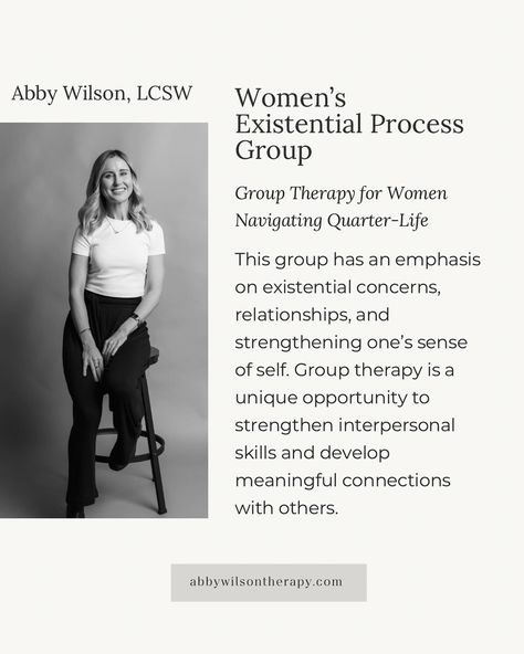 I am so excited to share that I am starting a Women’s Existential Process Group!!! ✨ This is a group for professionals navigating their quarter-life journey. This group has an emphasis on existential concerns, relationships/attachment work, and strengthening one’s sense of self. Group therapy is a unique opportunity to strengthen interpersonal skills and experience a sense of belonging with others who are navigating similar life circumstances. This group is fully virtual and will meet twic... Existential Therapy, Counseling Tools, Sense Of Belonging, Sense Of Self, Interpersonal Skills, Life Journey, Group Therapy, Emphasis, Counseling