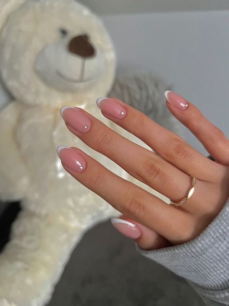 Short French With Rhinestone, French With Diamonds Nails, Nude Nails With French Tip, French Nail Designs 2024 Trends, Mini French Tip Nails, French With Rhinestones Nails, Gel Nails With Diamonds, Simple Nails With Gems, French Tip Nails With Diamonds