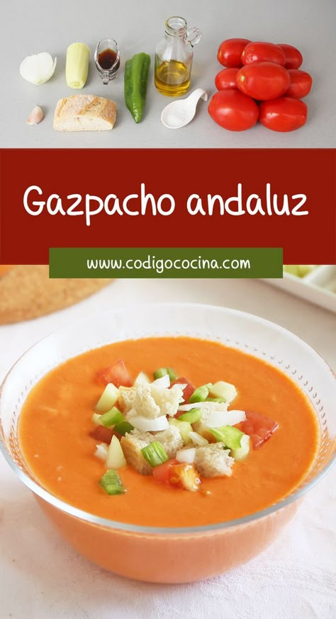 Abajo, gazpacho en un bol de cristal decorado con trocitos de pan, pimiento verde y tomate. Arriba, ingredientes necesarios. Spanish Gazpacho, Spanish Soup, Tomato Gazpacho, Gazpacho Recipe, Tomatoes Recipes, Spanish Dishes, Healthy Recipies, Healthy Lifestyle Food, Vegan Soup