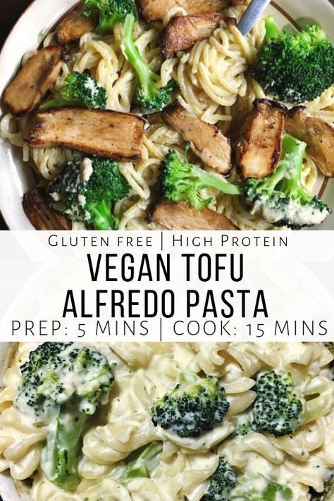 Quick, easy and oh so creamy, this vegan tofu Alfredo pasta put a plant based spin on a classic comfort food! This vegan pasta sauce can be whipped up in the time it takes to boil the pasta. A high protein vegan dinner that’s ready in only 20 minutes! This healthy vegan recipe is gluten-free, oil-free, nut-free and dairy-free. Recipe at fromthecomfortofmybowl.com #vegandinner #glutenfreerecipes #pastarecipes #plantbased #quickhealthyfood Vegan Mushroom Alfredo, Tofu Alfredo, Protein Vegan Dinner, High Protein Vegan Dinner, Mushroom Alfredo Pasta, Vegan Mushroom Pasta, Mushroom Alfredo, Dairy Free Sauces, Vegan Pasta Sauce