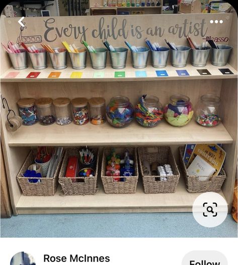 Art Shelf Organization Preschool, Art Center Organization Preschool, Nursery Classroom Ideas Preschool, Classroom Art Station, Art Station Ideas For Kindergarten, Art And Craft Area Preschool, Art Area In Classroom, Kindergarten Art Center Setup, Montessori Preschool Classroom Decor