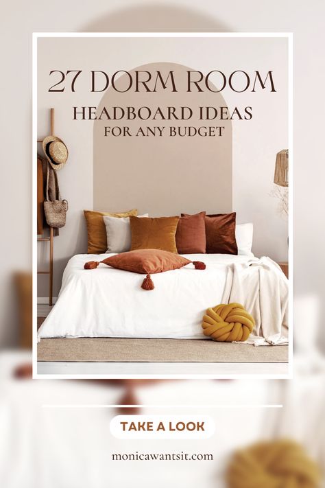 Headed to a dorm this fall? Here are 27 dorm decor headboard ideas that are as little as $13. There's something for everyone in this post including wooden headboards, upholstered headboards, peel and stick decal headboards, pillow headboards and tapestry suggestions for the coolest dorm room ever. King Bed No Headboard, King Bed No Headboard Ideas, Bed No Headboard Ideas, Bed Without Headboard Decor, Headboards Upholstered, Bed No Headboard, College Headboard, Wooden Headboards, Dorm Room Headboards