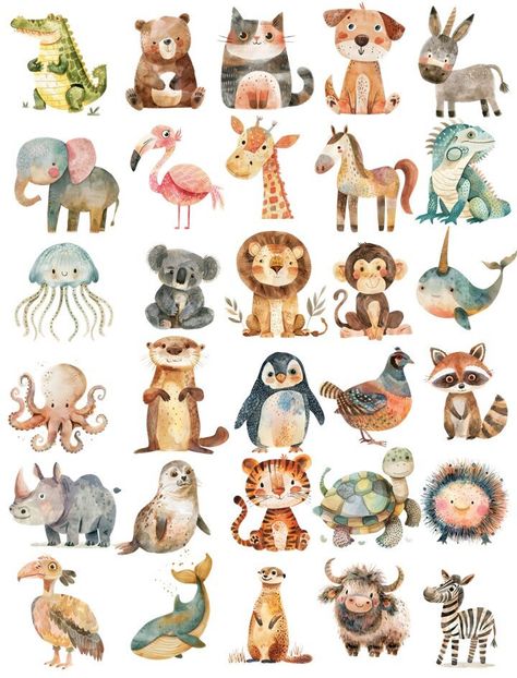 Alphabet Animals Drawing, Watercolor Cute Animals, Clip Art Animals, Animal Pictures For Kids, Alphabet Animals, Animal Watercolor, Alphabet Posters, Animal Images, Watercolor Nursery