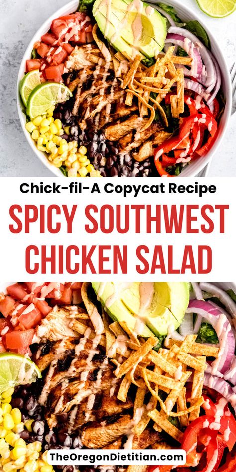 Try this ultimate Spicy Southwest Chicken Salad recipe, a Chick-fil-A favorite you can now enjoy at home! Featuring juicy grilled spicy chicken breast, fresh greens, black beans, corn, cherry tomatoes, red onion, avocado, and tortilla strips all topped with a spicy southwest salad dressing. Even better this delicious healthy spring salad comes together in just 30 minutes making it the perfect meal for any day. #springsalad #southwestsalad Chick Fil A Spicy Southwest Salad Recipe, Spicy Southwest Salad Chick Fil A, Chick Fil A Southwest Salad Recipe, Spicy Southwest Chicken, Southwest Chicken Salad Recipe, Southwest Salad Dressing, Southwest Grilled Chicken, Spicy Chicken Salad Recipe, General Taos Chicken