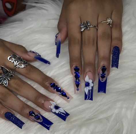 Blue Nail Designs Long Square, Royal Blue Acrylic Nails With Initial, Royal Blue Bling Acrylic Nails, Royal Blue Nails With Charms, Long Acrylic Nails Royal Blue, Blue Nails Quinceanera, Royal Blue Nails Acrylic Medium, Rhinestone Blue Nails, Royal Blue Acrylic Nails Rhinestones