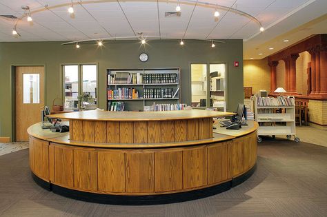 Westerly Lib Reference Desk by Tappe Libraries, via Flickr Library Reception, Circulation Desk, Library Lighting, Reception Area Design, School Library Design, Library Desk, Library Cafe, Retro Office, Library Furniture