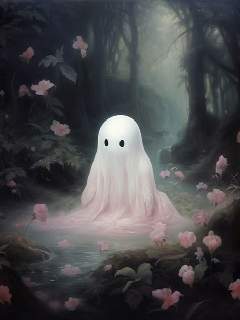 Cute Ghost in Forest Imprimibles Halloween, Dark Academia Prints, Ghost Painting, Digital Art Software, Photo Halloween, Image Halloween, Halloween Kunst, Halloween Artwork, Decor Shabby Chic