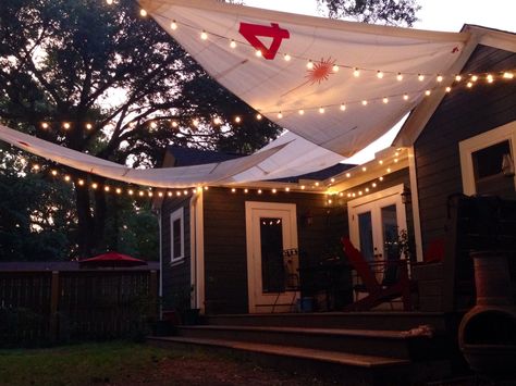 Sail Shades - Sunshades made from used sails. My new favorite spot. #backyardretreat #outdoor bliss Sail Awnings, Garden Sail, Yard Party, Sun Sail Shade, Bungalow Exterior, Back Garden Design, Patio Shade, Backyard Paradise, Cafe Lights