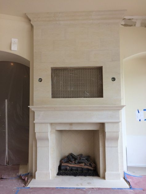 Limestone Fireplace Mantle, Stone Fireplace Mantles, Travertine Fireplace, Stone Fireplace Mantle, Tv Niche, Marble Fireplace Mantle, Cream Travertine, French Limestone Fireplace, Traditional Fireplace Mantel