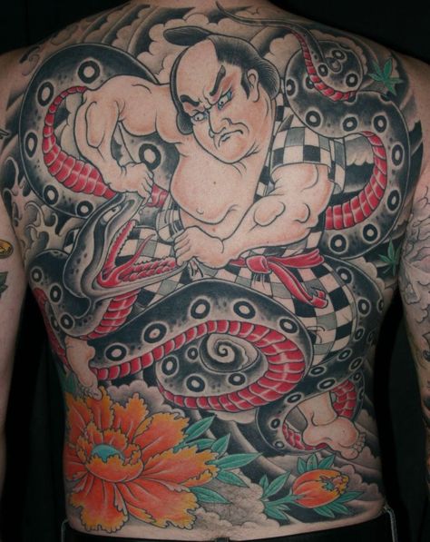 by Corey Miller Japanese Back Tattoo Design, Sumo Tattoo, La Ink Tattoos, Snake Tattoo Ideas, Tatau Tattoo, Snake Tattoo Meaning, Corey Miller, Japanese Back Tattoo, Irezumi Tattoos