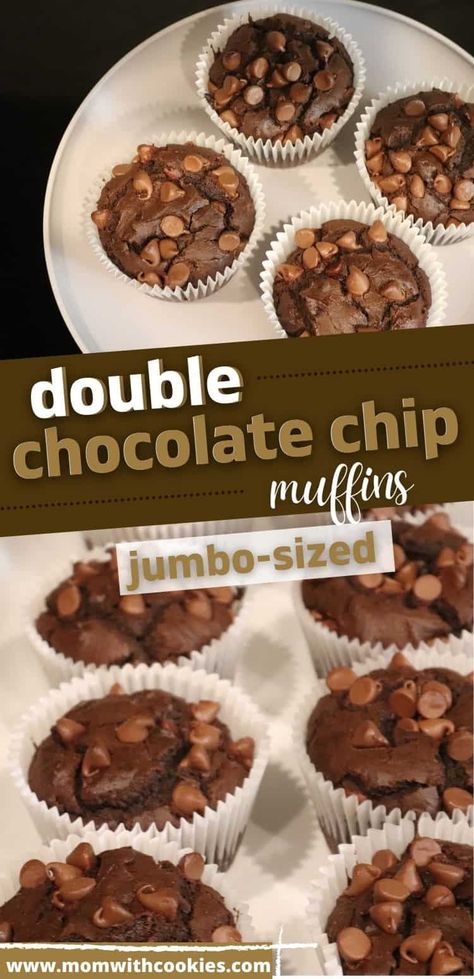 These jumbo sized double chocolate chip muffins are so delicious and easy to make. | bakery style double chocolate chip muffins | chocolate muffins | jumbo chocolate muffins