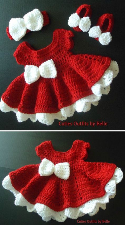 Crocheted Christmas Outfits For Babies | The WHOot Christmas Outfits For Babies, Crochet Baby Dress Free Pattern, Crochet Baby Costumes, Crochet Baby Girl Dress, Crocheted Christmas, Crochet Baby Dress Pattern, The Whoot, Baby Frock, Crochet Baby Girl