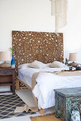 Teak Wood Wall Art Hanging, Balinese Mounted Bed Headboard in Brown, 72 inches  | eBay Teak Wood Bed Design Modern, Bali Cabin, Amazing Headboards, Headboard Alternative Ideas, Modern Balinese Interior, Rajasthani Interior Design, Balinese Bedroom, Boho Headboards, Asian Bed