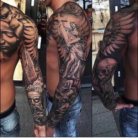 Top 100 Best Sleeve Tattoos For Men: Cool Design Ideas & inspirations | Improb Voll Arm-tattoos, Tatuaje Trash Polka, Skull Sleeve, Full Sleeve Tattoo Design, Men Tattoos Arm Sleeve, Female Sleeve, Roses Tattoo, Back Of Shoulder Tattoo, Full Sleeve Tattoos