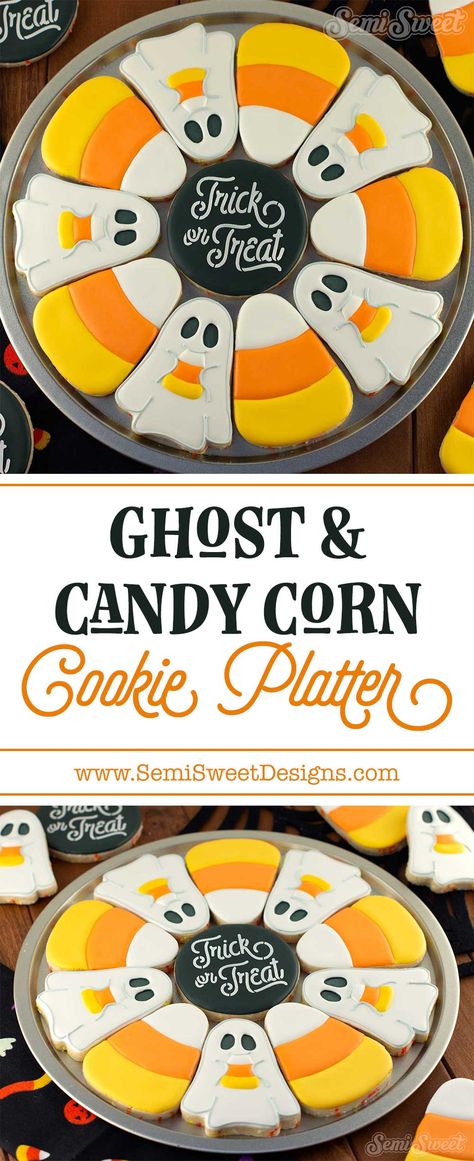 Decorate a Ghost & Candy Corn Cookie Platter for Halloween Candy Corn Sugar Cookies Decorated, Ghost Sugar Cookies Royal Icing, Halloween Cookie Platter, Halloween Decorated Cookies, Candy Corn Cookie, Ghost Sugar Cookies, Candy Corn Sugar Cookies, Decorating Sugar Cookies, Halloween Platter