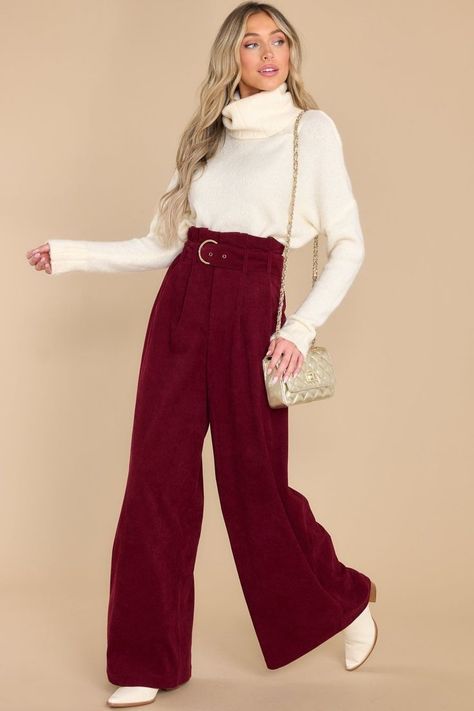 Burgundy Wide Leg Pants, Burgundy Pants Outfit, Burgundy Corduroy Pants, Maroon Pants, Burgundy Pants, Top Ideas, Pants Outfits, Red Dress Boutique, Outfits 2023