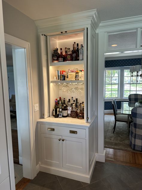 Hidden Bar Cabinet Kitchen, Hidden Drinks Cabinet, Drinks Cabinet With Fridge, Built In Drinks Cabinet Living Rooms, Built In Drinks Cabinet, Dining Room Built In Bar, Closet Bars, Kitchen Beverage Center, Whiskey Cabinet