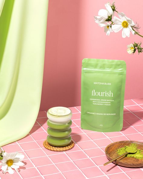 Fiber Drink Photoshoot, Matcha Product Photography, Matcha Branding Design, Spring Product Photography, Tea Product Photography, Matcha Photography, Packaging Photoshoot, Matcha Packaging, Matcha Branding