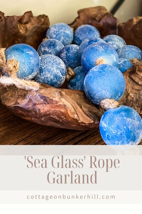 Seaglass Garland, Bead Garland Decor Ideas, Hayes Cottage, Coastal Garland, Looking Glass Paint, Krylon Looking Glass, Looking Glass Spray Paint, Rope Garland, Summer Garland