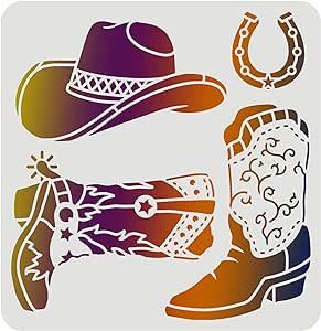 FINGERINSPIRE Cowboy Boots and Hat Stencil 11.8x11.8inch Reusable Cowboy Stencils Western Cowboy Stencils for Painting on Wood, Tile, Paper, Fabric, Floor and Wall Boho Kitchen Ideas, Western Prints, Stencils For Painting, Family Reunion Shirts, African Art Paintings, American Western, Paper Fabric, Stencil Template, Wood Tile