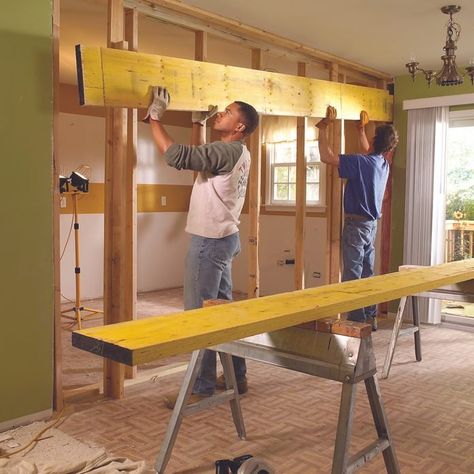 How to Install a Load Bearing Wall Beam (DIY) Support Beams Load Bearing Wall, Support Beam In Kitchen, Load Bearing Wall Ideas Open Concept, Study Remodel, Load Bearing Wall Ideas Kitchen, Removing Load Bearing Wall, Load Bearing Wall Ideas, Load Bearing Beam, Removing Wall