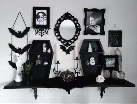 Goth Decor Bedroom, Shelves With Mirror, Gothic House Decor, Gothic Decor Bedroom, Fall Room Decor, Alternative Decor, Dark Home Decor, Horror Decor, Closet Decor