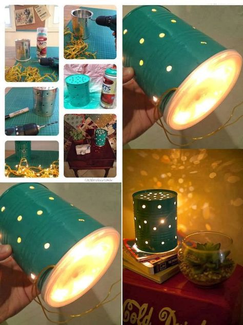 DIY : Tin Can Lamp | DIY & Crafts Tutorials  All you do is paint a can and drill holes through and then put in a small light. Tin Can Crafts, Diy Craft Tutorials, Do It Yourself Crafts, Diy Decor Crafts, Can Crafts, Diy Lamp, Décor Diy, Tutorial Diy, Crafty Craft