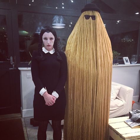 Wednesday Adams and Cousin It Halloween costume Wednesday Addams And Cousin It Costume, Wednesday And Cousin It Costume, Wednesday Adams Fancy Dress, How To Make Cousin It Costume, Diy Cousin It Costume, Cousin It Costume, It Halloween Costume, Adult Costumes Diy, It Costume